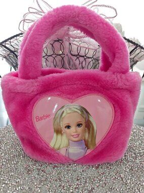 Vintage 1996 Mattel Pink Faux Fur Barbie Mini Tote Bag Purse Pyramid RARE